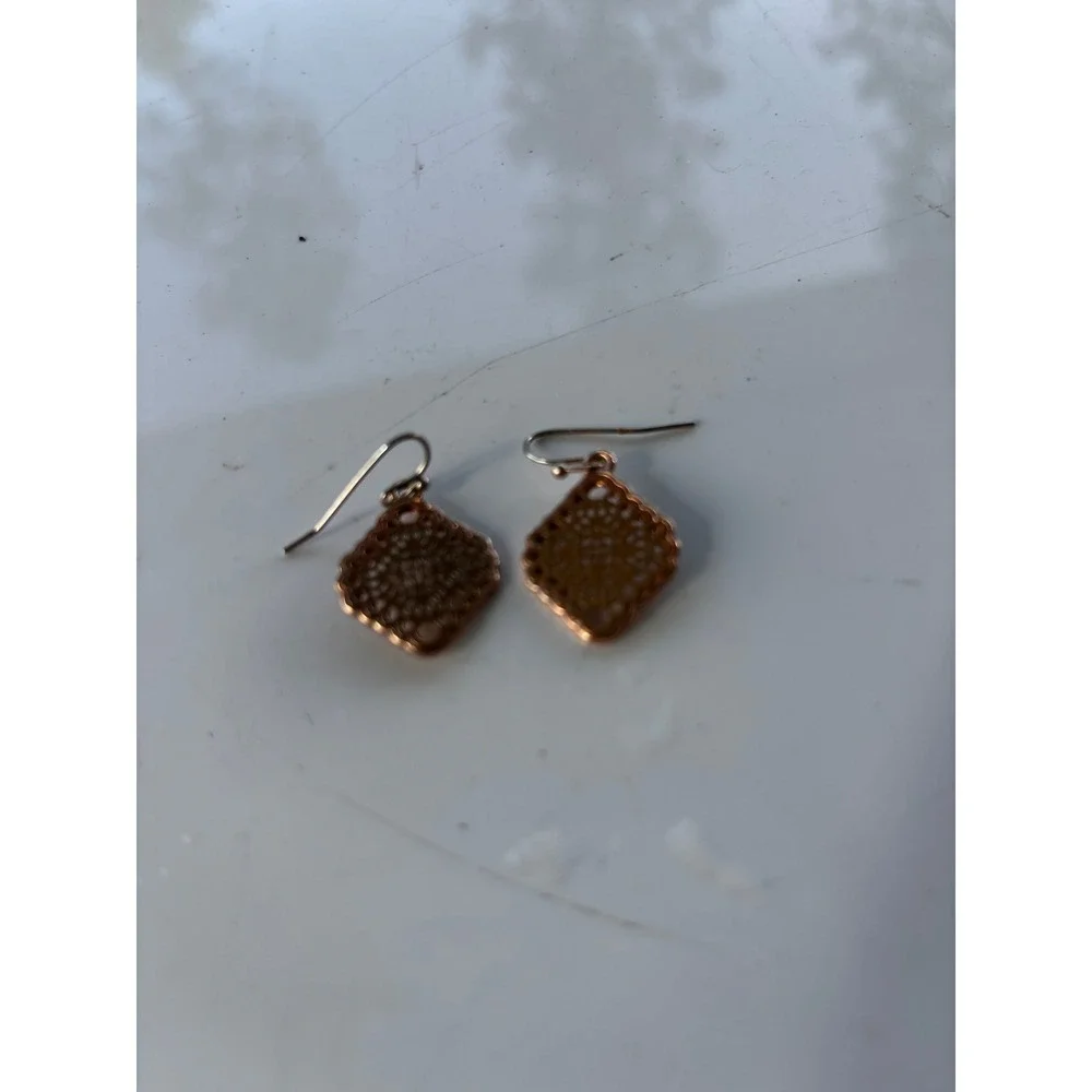 Vintage Filigree Drop Earrings Copper Boho Ornate‎ Geometric Diamond